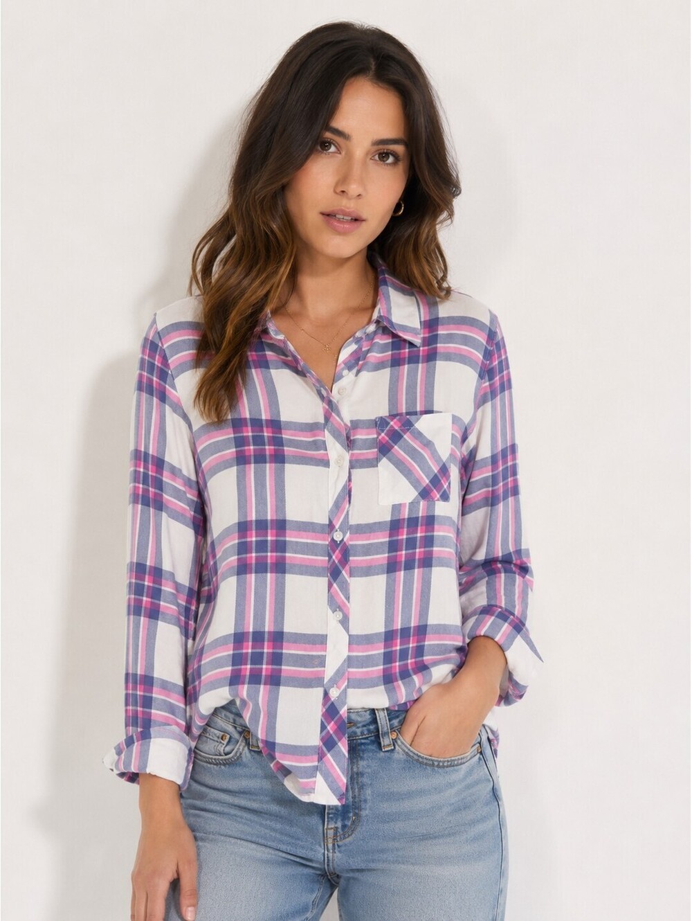 Rails Hunter White Sky Pink Plaid Button Front Shirt Women's S 100% Rayon